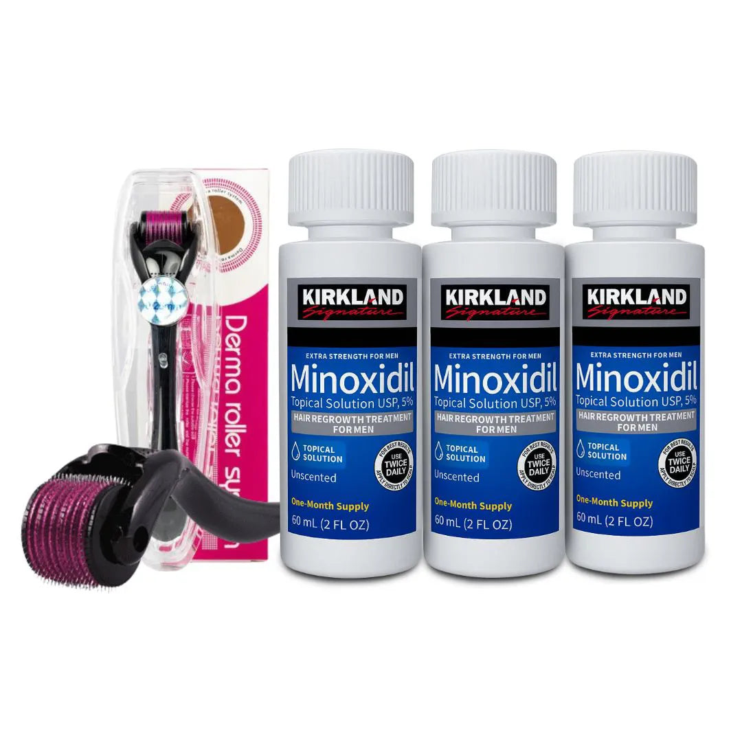 KIT 3 Minoxidil 5% Kirkland + 1 Dermaroller System 0.5mm